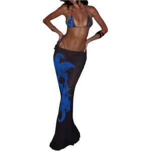 imageMakeMeChic Womens Halter Triangle Bikini Sets Floral 3 Piece Swimsuit Bathing Suit Cover Up Long SkirtBlue Black