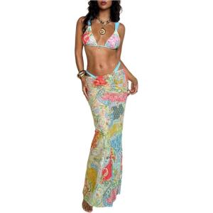 imageMakeMeChic Womens Halter Triangle Bikini Sets Floral 3 Piece Swimsuit Bathing Suit Cover Up Long SkirtGreen Blue Multi