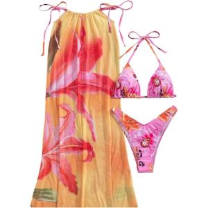 imageMakeMeChic Womens Halter Triangle Bikini Sets Floral 3 Piece Swimsuit Bathing Suit Cover Up Long SkirtOrange Yellow