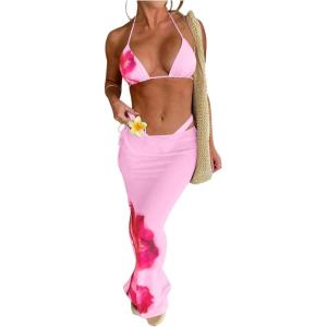 imageMakeMeChic Womens Halter Triangle Bikini Sets Floral 3 Piece Swimsuit Bathing Suit Cover Up Long SkirtPink Flower