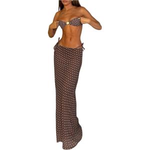 imageMakeMeChic Womens Halter Triangle Bikini Sets Floral 3 Piece Swimsuit Bathing Suit Cover Up Long SkirtPolka Dots Brown
