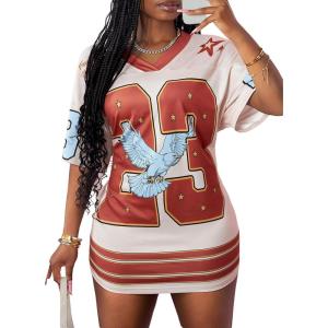 imageMakeMeChic Womens Jersey Dress Number Half Sleeve V Neck Oversized Y2K T Shirt DressesCoffee Brown