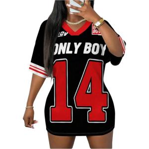 imageMakeMeChic Womens Jersey Dress Number Half Sleeve V Neck Oversized Y2K T Shirt DressesRed Black