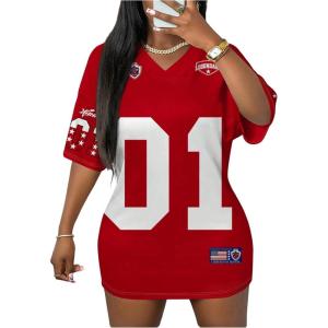 imageMakeMeChic Womens Jersey Dress Number Half Sleeve V Neck Oversized Y2K T Shirt DressesRed White