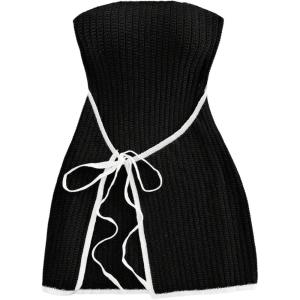 imageMakeMeChic Womens Knitted Strapless Dress Wrap Tie Front Sleeveless Bodycon Mini Tube DressesBlack