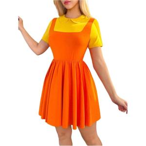 imageMakeMeChic Womens Korean Game Cosplay Costume Two Tone Crew Neck Mini Dress Short Sleeve Ruffle A Line DressesYellow and Orange