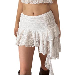 imageMakeMeChic Womens Lace Skirt with Shorts Low Rise Ruffle Flowy Mini Skirt Micro SkortWhite