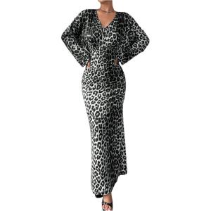 imageMakeMeChic Womens Leopard Print Dress V Neck Dolman Sleeve Ruched Bodycon Cocktail Maxi DressesMulticolor