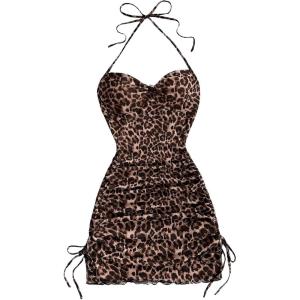 imageMakeMeChic Womens Leopard Print Ruched Halter Tie Back Lettuce Trim Bodycon Mini DressMulticolor