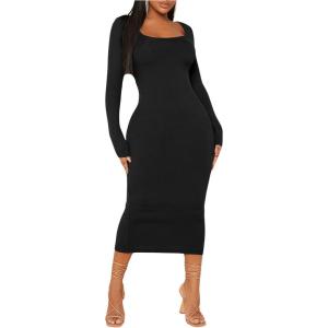 imageMakeMeChic Womens Long Bodycon Dress Square Neck Long Sleeve Slim Fitted Pencil DressBlack