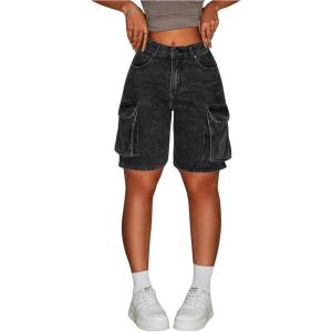 imageMakeMeChic Womens Low Waist Denim Cargo Shorts Flap Pocket Baggy Y2K Bermuda Jean ShortsBlack