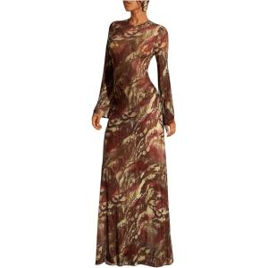 imageMakeMeChic Womens Mesh Sheer Leopard Print Bell Sleeve Dress Backless A Line Club Maxi DressesMulticolor B