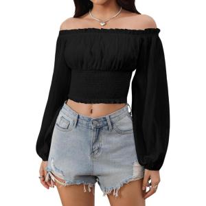 imageMakeMeChic Womens Off Shoulder Long Sleeve Ruched Crop Tops Going Out Boho Shirt BlouseBlack