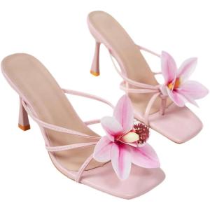 imageMakeMeChic Womens Open Toe Floral Kitten Heels Flower Summer Beach SandalsLight Pink