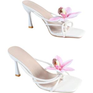 imageMakeMeChic Womens Open Toe Floral Kitten Heels Flower Summer Beach SandalsLight Pink White