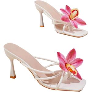 imageMakeMeChic Womens Open Toe Floral Kitten Heels Flower Summer Beach SandalsWhite Pink