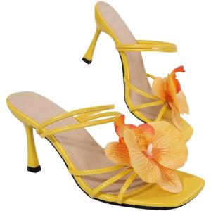imageMakeMeChic Womens Open Toe Floral Kitten Heels Flower Summer Beach SandalsYellow Solid