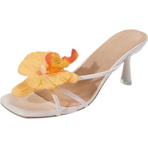 imageMakeMeChic Womens Open Toe Floral Kitten Heels Flower Summer Beach SandalsYellow White