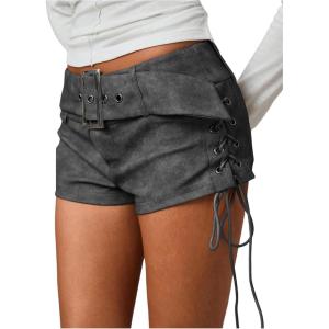 imageMakeMeChic Womens PU Leather Lace Up Ruched Tie Side Micro Shorts Low Waist Belted Festival Rave Mini ShortDark Grey