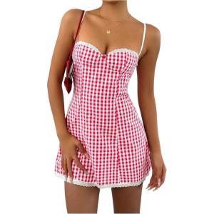 imageMakeMeChic Womens Plaid Gingham Lace Cami Dress Sleeveless Going Out Mini Dresses SundressHot Pink