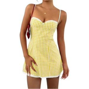 imageMakeMeChic Womens Plaid Gingham Lace Cami Dress Sleeveless Going Out Mini Dresses SundressYellow