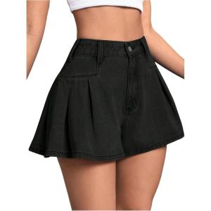 imageMakeMeChic Womens Pleated Denim Shorts Zip Fly Button Wide Leg Flared Jean SkortBlack