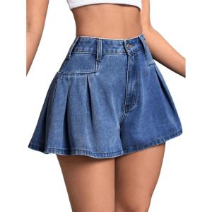 imageMakeMeChic Womens Pleated Denim Shorts Zip Fly Button Wide Leg Flared Jean SkortBlue