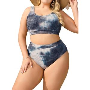 imageMakeMeChic Womens Plus Size 2 Piece Bikini Sets Textured Tie Dye High Waist Summer Swimsuit Bathing SuitGrey