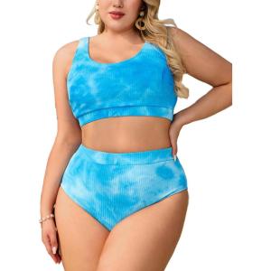imageMakeMeChic Womens Plus Size 2 Piece Bikini Sets Textured Tie Dye High Waist Summer Swimsuit Bathing SuitMint Blue