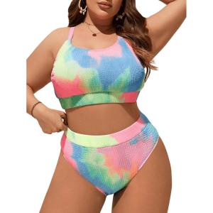 imageMakeMeChic Womens Plus Size 2 Piece Bikini Sets Textured Tie Dye High Waist Summer Swimsuit Bathing SuitMulticolor