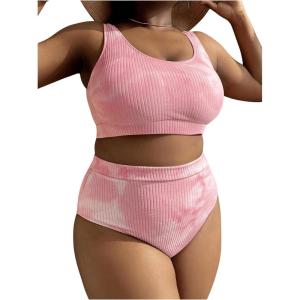 imageMakeMeChic Womens Plus Size 2 Piece Bikini Sets Textured Tie Dye High Waist Summer Swimsuit Bathing SuitPink
