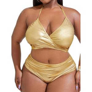 imageMakeMeChic Womens Plus Size 2 Piece Shiny Metallic Bikini Set Halter Triangle Swimsuit Bathing SuitGold