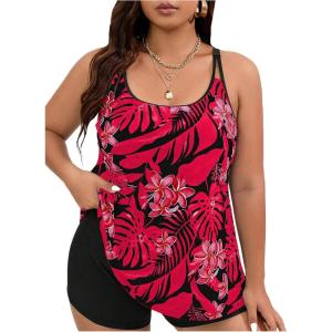 imageMakeMeChic Womens Plus Size 2 Piece Swimsuit Tankini Bathing Suits Floral Swim Tank Top with BoyshortsHot Pink