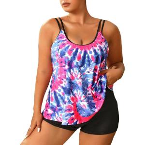 imageMakeMeChic Womens Plus Size 2 Piece Swimsuit Tankini Bathing Suits Floral Swim Tank Top with BoyshortsPink B