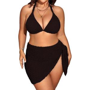 imageMakeMeChic Womens Plus Size 3 Piece Bikini Sets Tie Backless Halter Triangle Swimsuit Bathing Suit Cover Up Beach SkirtsBlack