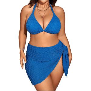 imageMakeMeChic Womens Plus Size 3 Piece Bikini Sets Tie Backless Halter Triangle Swimsuit Bathing Suit Cover Up Beach SkirtsBlue