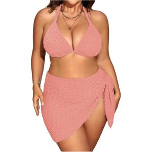 imageMakeMeChic Womens Plus Size 3 Piece Bikini Sets Tie Backless Halter Triangle Swimsuit Bathing Suit Cover Up Beach SkirtsDusty Pink