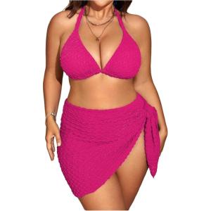 imageMakeMeChic Womens Plus Size 3 Piece Bikini Sets Tie Backless Halter Triangle Swimsuit Bathing Suit Cover Up Beach SkirtsHot Pink a
