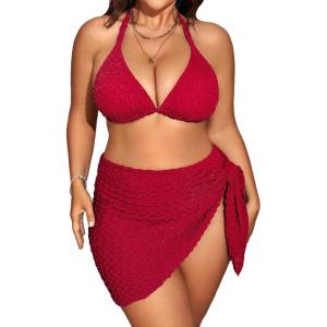 imageMakeMeChic Womens Plus Size 3 Piece Bikini Sets Tie Backless Halter Triangle Swimsuit Bathing Suit Cover Up Beach SkirtsRed