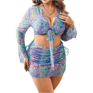 imageMakeMeChic Womens Plus Size 4 Piece Swimsuit Floral Halter Triangle Thong Bikini with Cover Up SetMulticolor