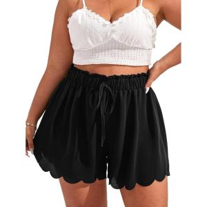 imageMakeMeChic Womens Plus Size Elastic Waist Scallop Trim Flowy Wide Leg ShortsBlack