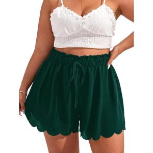 imageMakeMeChic Womens Plus Size Elastic Waist Scallop Trim Flowy Wide Leg ShortsDark Green