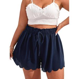 imageMakeMeChic Womens Plus Size Elastic Waist Scallop Trim Flowy Wide Leg ShortsNavy Blue