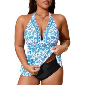 imageMakeMeChic Womens Plus Size Floral Tankini Sets 2 Piece High Waist Halter Boho Tankini SwimsuitsBlue and White