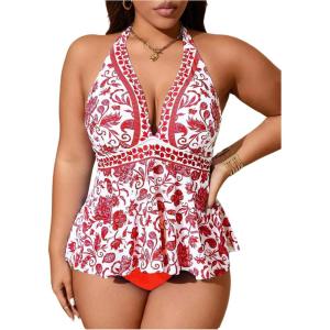 imageMakeMeChic Womens Plus Size Floral Tankini Sets 2 Piece High Waist Halter Boho Tankini SwimsuitsRed and White