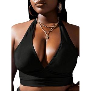 imageMakeMeChic Womens Plus Size Halter Bikini Top Tie Back Swimsuit Bathing Suit TopsBlack