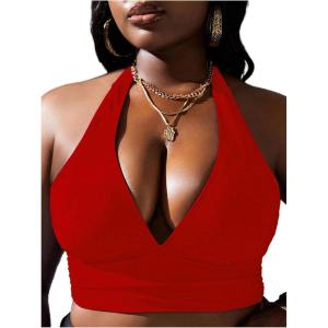 imageMakeMeChic Womens Plus Size Halter Bikini Top Tie Back Swimsuit Bathing Suit TopsRed