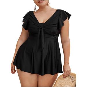 imageMakeMeChic Womens Plus Size Tankini Swimsuit Ruffle Sleeve Two Piece Bathing SuitBlack