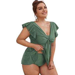 imageMakeMeChic Womens Plus Size Tankini Swimsuit Ruffle Sleeve Two Piece Bathing SuitGreen