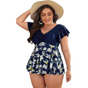 imageMakeMeChic Womens Plus Size Tankini Swimsuit Ruffle Sleeve Two Piece Bathing SuitMulti Blue